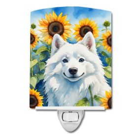 NEW American Eskimo in Sunflowers Ceramic Night Light Compact, UL-Certified, Ideal for Bedroom, Bathroom, Nursery, Hallway, Kitchen, 6x4x3, Multi