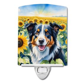 NEW Border Collie in Sunflowers Ceramic Night Light Compact, UL-Certified, Ideal for Bedroom, Bathroom, Nursery, Hallway, Kitchen, 6x4x3, Multico